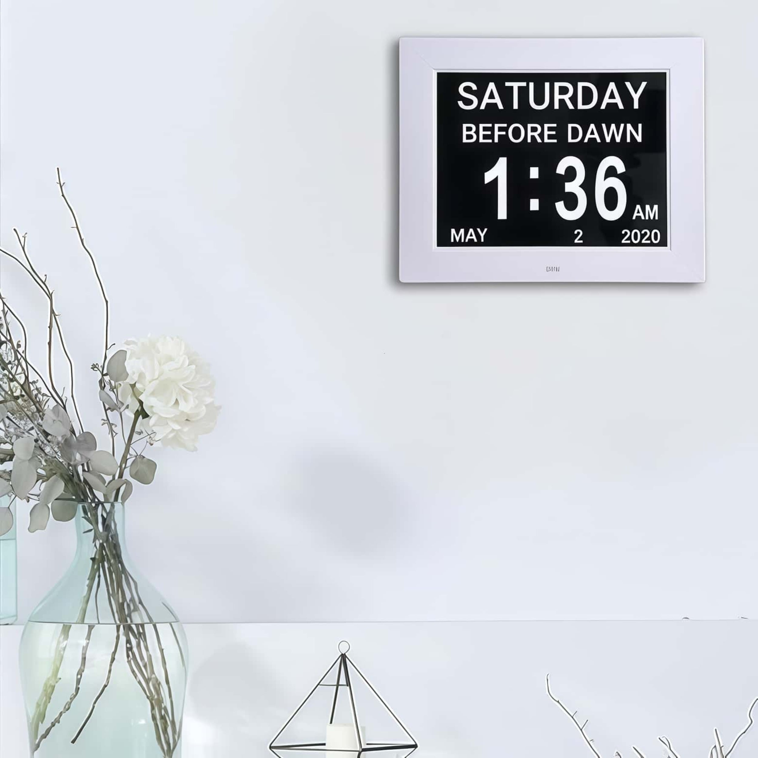 White Hanging Electronic Calendar, 8-inch LCD Digital Clock, Adjustable Brightness, Built-in Stand, Easy Installation, Suitable for Dormitories, Offices and Bedrooms.