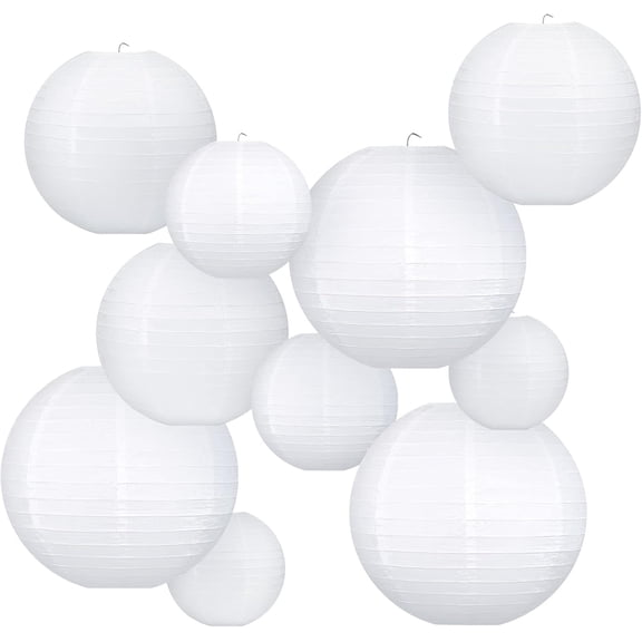 White Hanging Paper Lanterns, Round Chinese Paper Lanterns, Party Wedding Anniversary Decorations, 4 Size - 10 Pieces