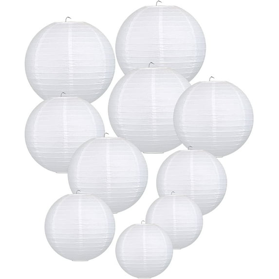 White Hanging Paper Lanterns for Wedding Party Decoration, 4 Size - 10 Piece