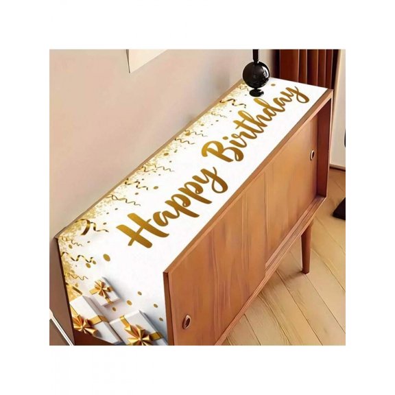White Happy Birthday Table Runner With Gold Confetti And Gift Boxes, Rectangular Polyester Decorative Runner For Dining Table