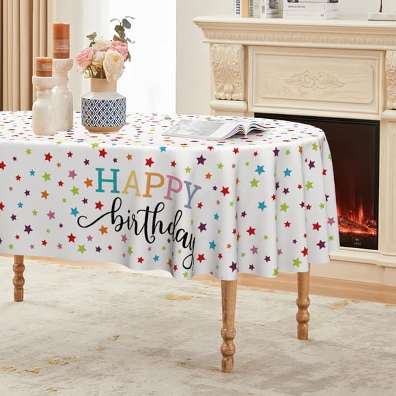 White Happy Birthday Tablecloth 60×84 Inch Oval, Gold Star Printed White Table Cover for Birthday Decoration, Birthday Party Supplies