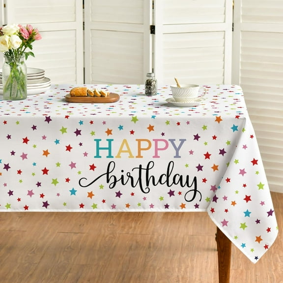White Happy Birthday Tablecloth 60×84 Inch Rectangular, Gold Star Printed White Table Cover for Birthday Decoration, Birthday Party Supplies