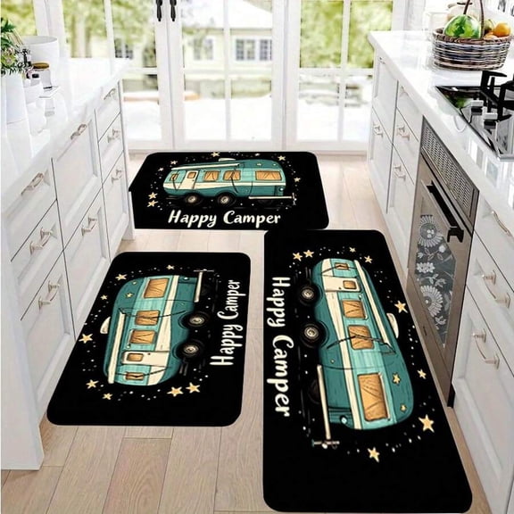 White Happy Camper Flannel Floor Mat With Retro Camper Van Print For Kitchen Entrance Living Room