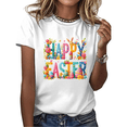 thumbnail image 1 of White Happy Easter Colorful Floral Eggs Bunny Graphic Tees Print Tshirt Shirts Cute Spring Easter Holiday Casual Tops For Women S-5XL, 1 of 5