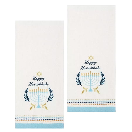 White Happy Hanukkah Bath Hand Towels Menorah 2 Piece Celebrate Together