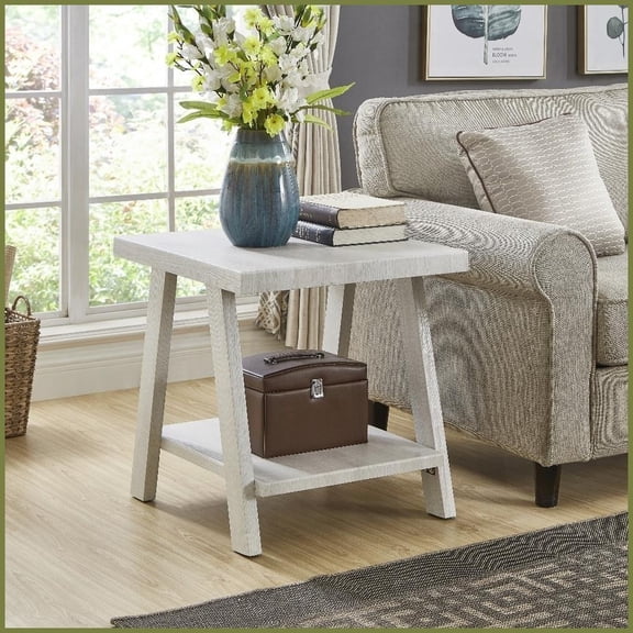 White Hardwood Veneer Coffee Table with Wide-Angled Legs & Extra Shelf, Space-Saving for Living Room