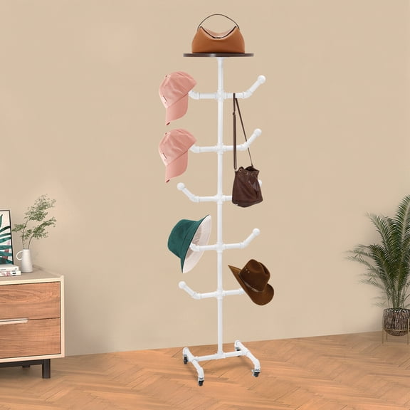 White Hat Rack with 10 Hooks, Free Standing Coat and Bag Organizer