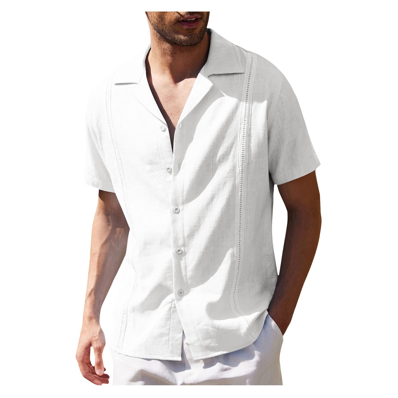 White Hawaiian Shirt For Men Male Summer Casual Embroidery Edge Solid ...