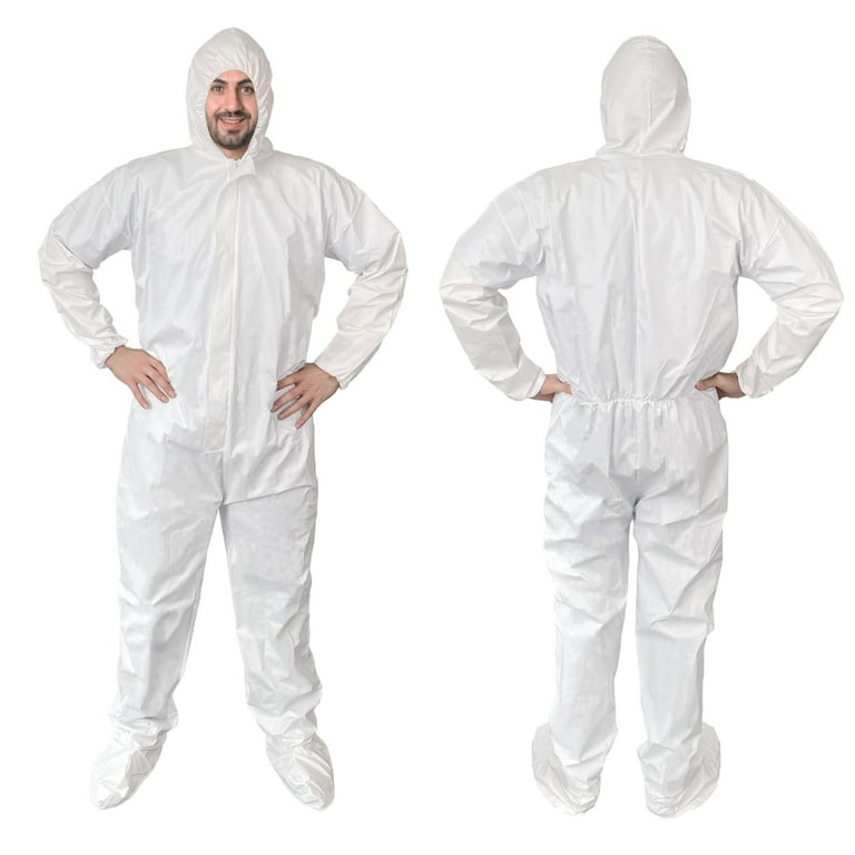 White Hazmat Suits, Medium. Pack of 25 Waterproof MPP Disposable