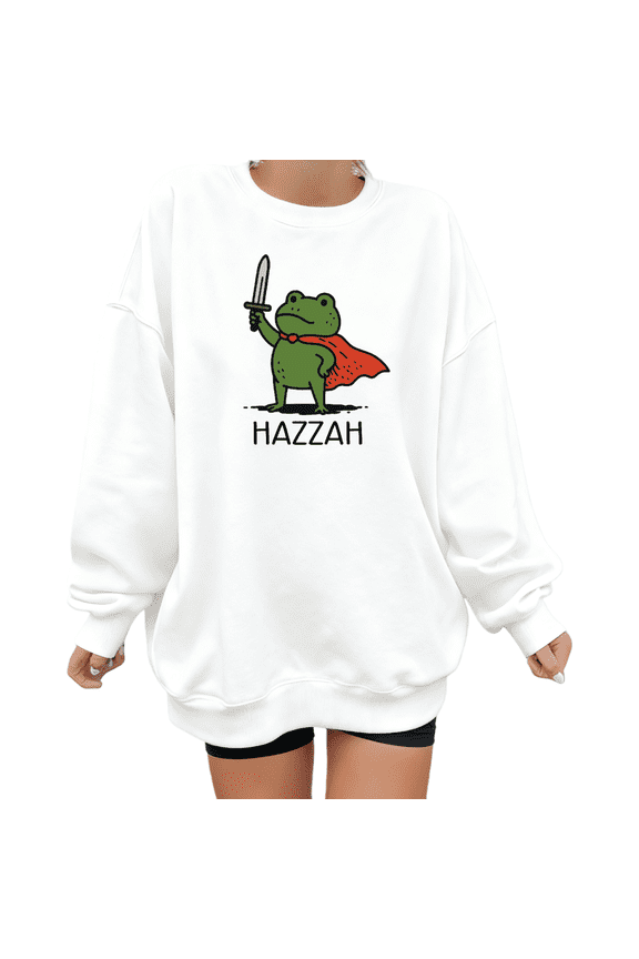 White Hazzah Frog Knight Print Sweatshirt Graphic Sweatshirt Shirts For Women Casual Medieval Humor Gift Tops S-3XL