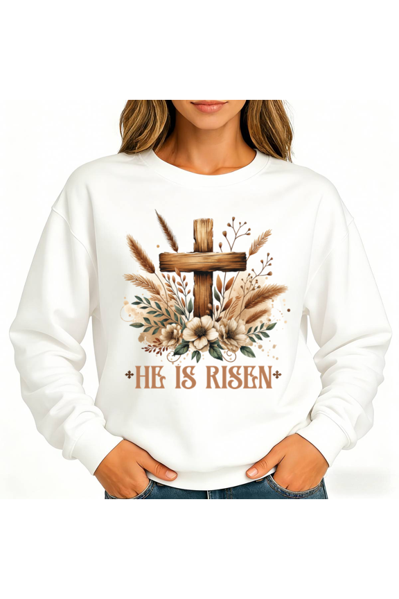 White He Is Risen Christian Cross Print Sweatshirt Graphic Sweatshirt Faith Easter Jesus Church Pullover S to 3XL Tops