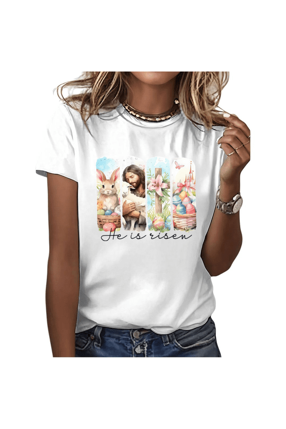 White He Is Risen Jesus Bunny Eggs Cross Graphic Tees Print Tshirt Shirts Christian Easter Religious Spring Casual Tops For Women S-5XL