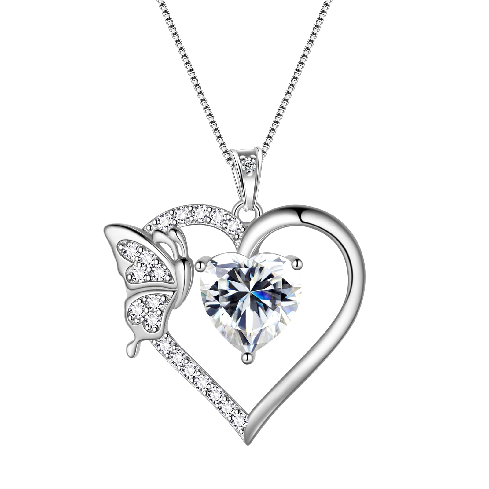 White Heart Necklace Butterfly April Birthstone Necklace Diamond Crystal 925 Sterling Silver Pendant Jewelry Women Birthday Valentine's Day Gift