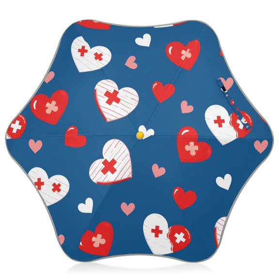 White Heart Pattern Kids Umbrella Rain Umbrella Clear Grip Handle Folding Umbrellas UV50+ 35in
