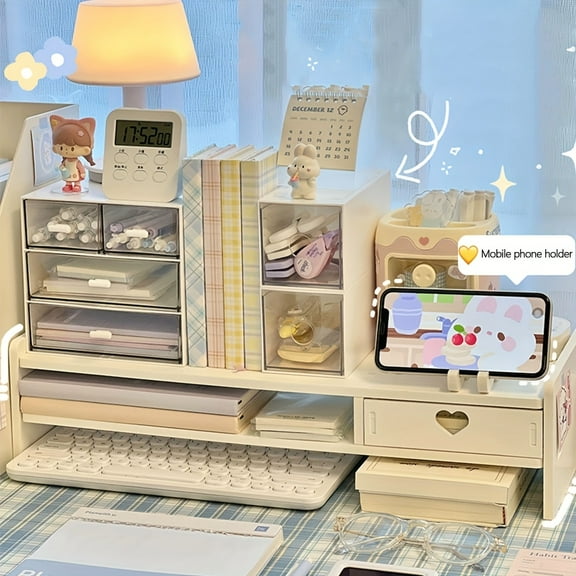 White Heart-Shaped Desktop Organizer with Multi-Layer Drawers - PVC Compact Storage Shelf for Office/Dorm, Laptop & Stationery Organization, Elegant Home Decor