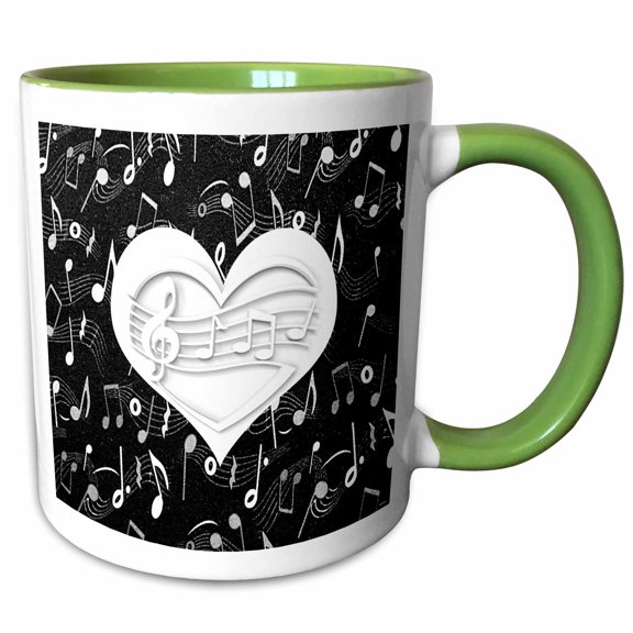 3drose, White Heart Shaped Musical Note, Black and White Musical Notes, 11oz Two-tone Green Mug
