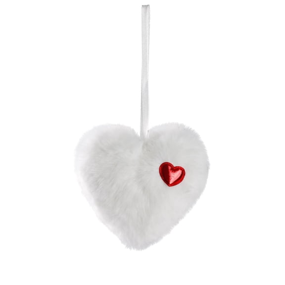 White Heart Shaped Velvet Pendant, Soft Ball Ornament for Home Decor and Car Rearview Mirror, Bohemian Style Handcrafted Gift with Jute Hanging String, Cozy and Symbolic Decorative Accessory.