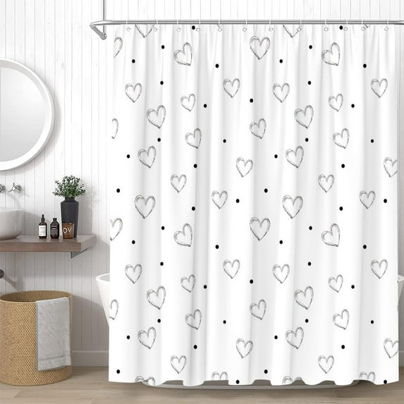 White Heart Shower Curtain Valentine''s Day Romantic Love Sweet Lover Minimalist Modern Bathroom Decor Curtains Set with Hooks, 35" W x 70" H