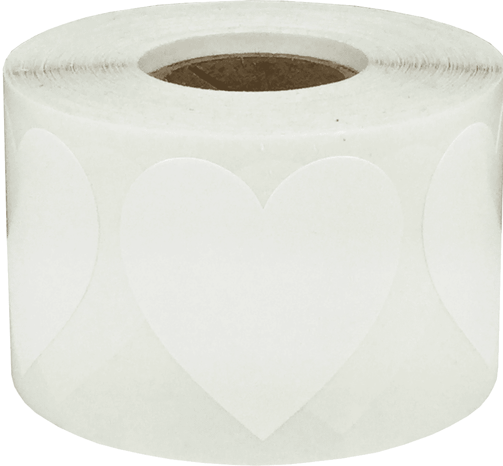 White Heart Stickers, 1.5 Inches in Size, 500 Labels on a Roll
