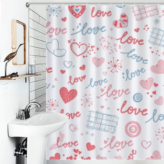 White Heart Style Shower Curtain Heart Style Bathroom Decor Shower Curtain 66inx72in(with 12 Hooks)