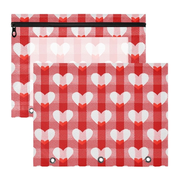 White Hearts Tie on Red Plaids Valentine 3-Ring Binder Pocket with Zipper Pencil Pouches A4 Size File Storage 2 Packs