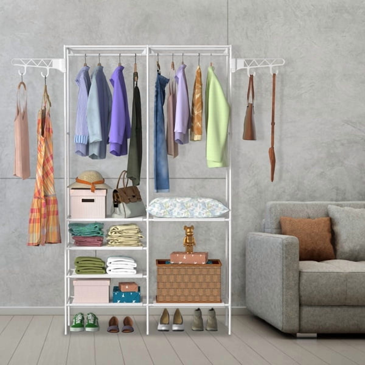 White Heavy Duty 66" Garment Rack Clothes Organizer - 2 Hanging Rods, 4 Shelves, 360° Hooks, Tool-Free Assembly for Bedroom & Laundry Room Storage