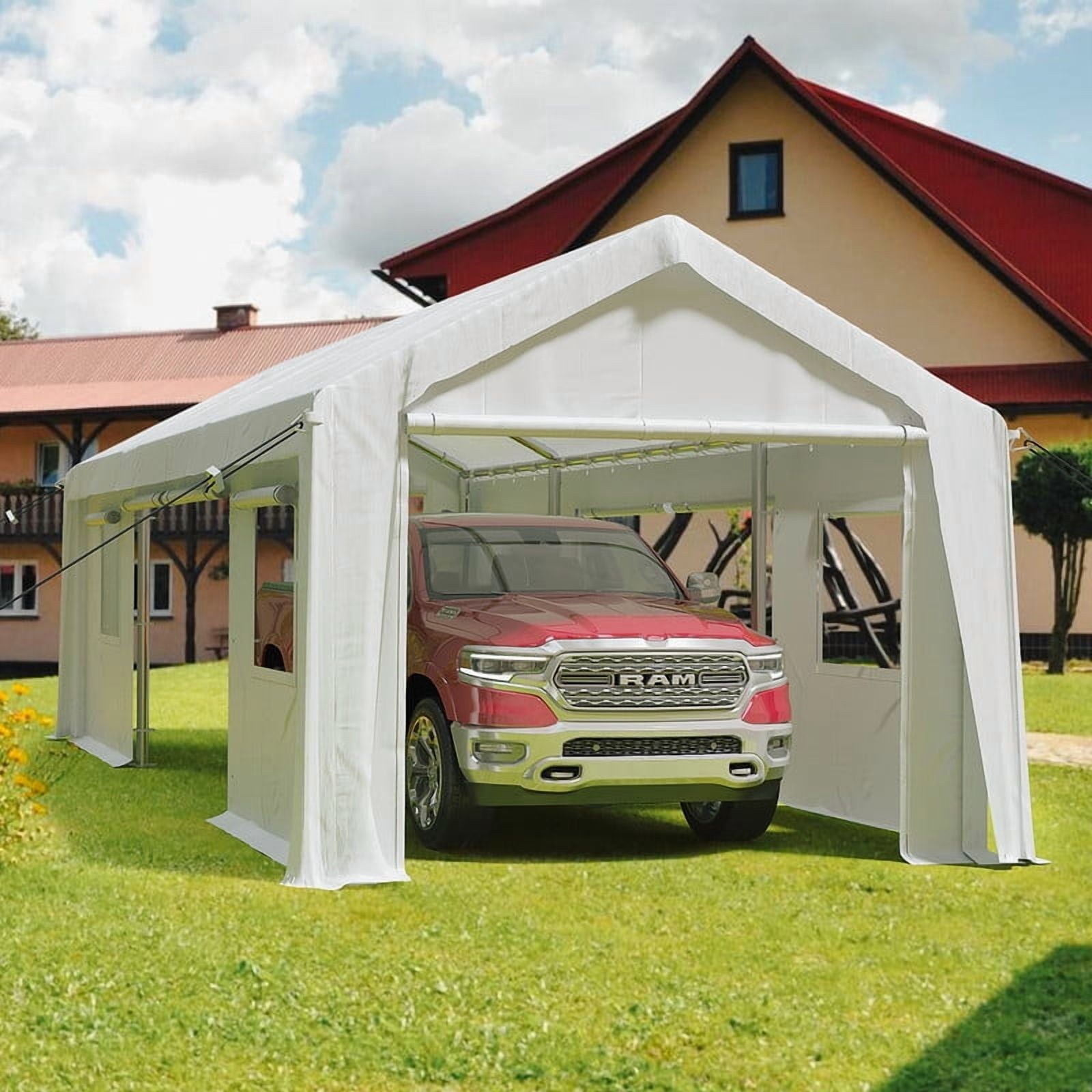 White Heavy Duty Carport 12'x20'Portable Garage 4 Roll-up Doors & 4 Windows Waterproof Carport Canopy for Car Truck Boat