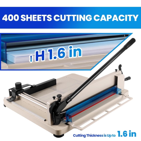 White Heavy Duty Paper Cutter 17in, Guillotine A3 Paper Trimmer, 400 Sheets Loading Capacity Paper Cutter, Adjustable Position Stop Solid Frame for Cutting Office Documents