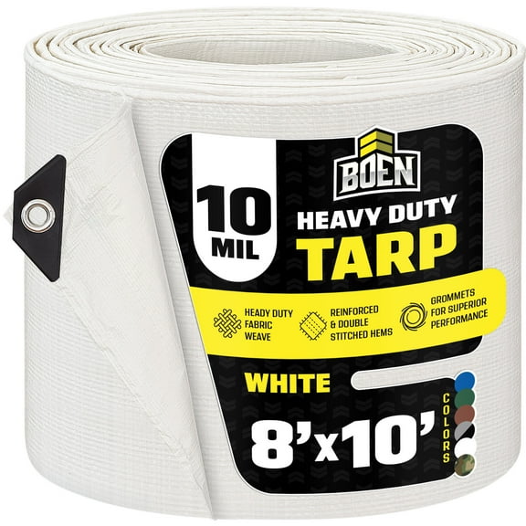 8 ft. x 10 ft. Heavy-Duty Commercial White Tarp Cover 10 Mil Thick Weave Material, Waterproof