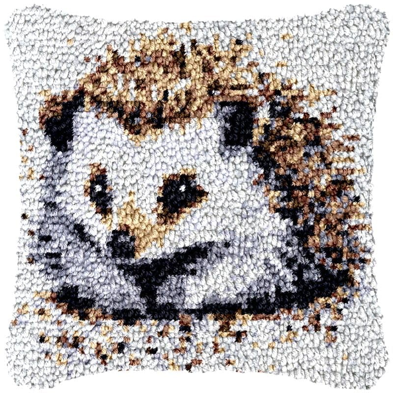 White Hedgehog Latch Hook Pillow Cover Kits for DIY Handmade Throw Pillow Cross Stitch Latch Hook Pillowcase Rug Kits with Preprinted Color Pattern Canvas Crochet Yarn Kits 17''X 17''(ch84)