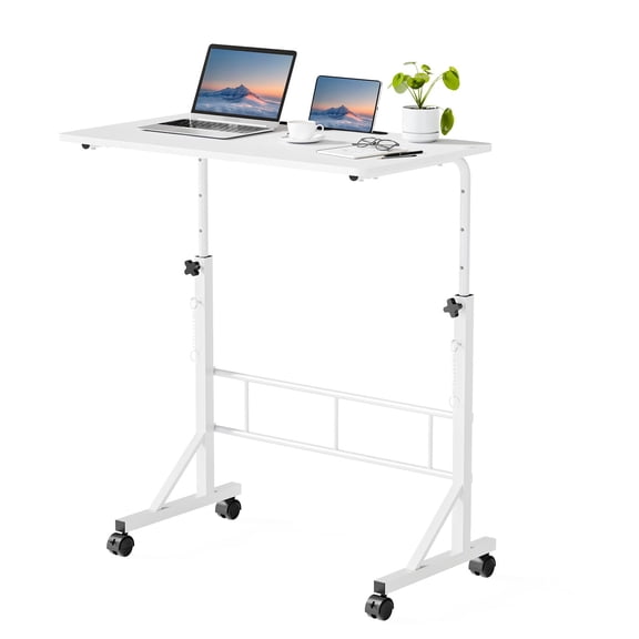 White Height Adjustable Standing Desk with Wheels, Ergonomic Sit Stand