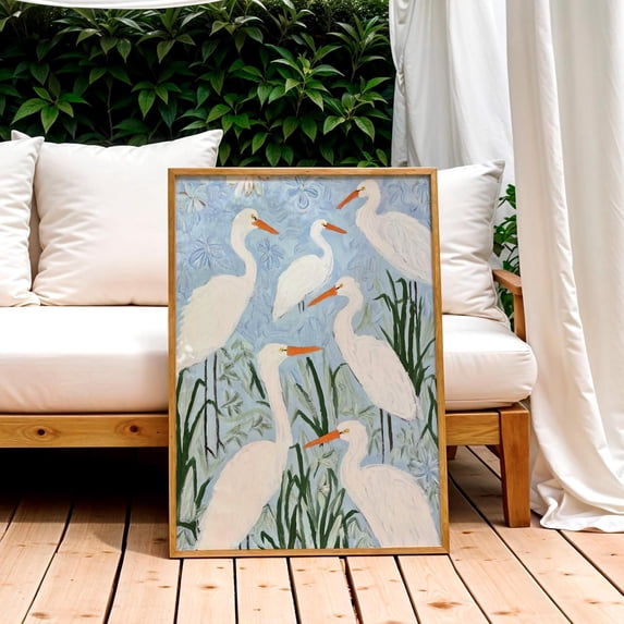White Heron Painting: Coastal Cottagecore Nature Art Print, 32x48 UNFRAMED