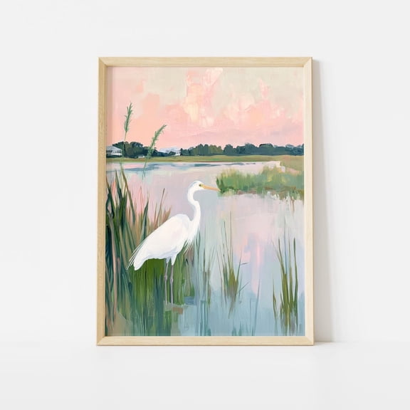 White Heron at Sunset Poster, Egret Shore Bird Wall Art Print, Coastal Beach House Decor, Pastel Summer Marsh Poster, Nature Landscape Art Unframed Paper Print