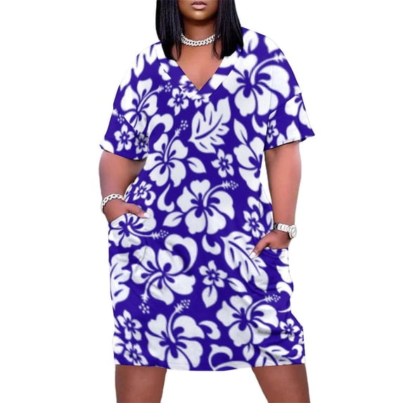 White Hibiscus Blue Floral Print Summer Sundress for Curve Women Casual Pattern Plus Size V Neck Short Sleeve Loose Fit Oversize Dresses