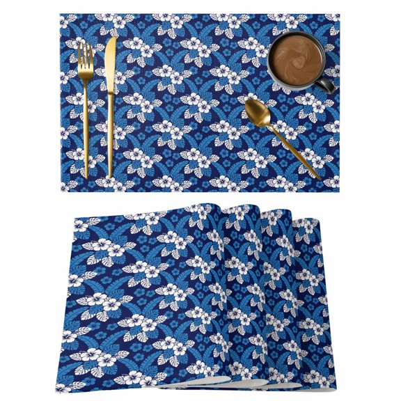 White Hibiscus Flower Placemats Set of 12, Summer Tropical Aesthetic Deep Blue Palm Fronds Non-Slip Place Mats Washable Table Mats for Kitchen Dining Table Decorations Indoor/Outdoor