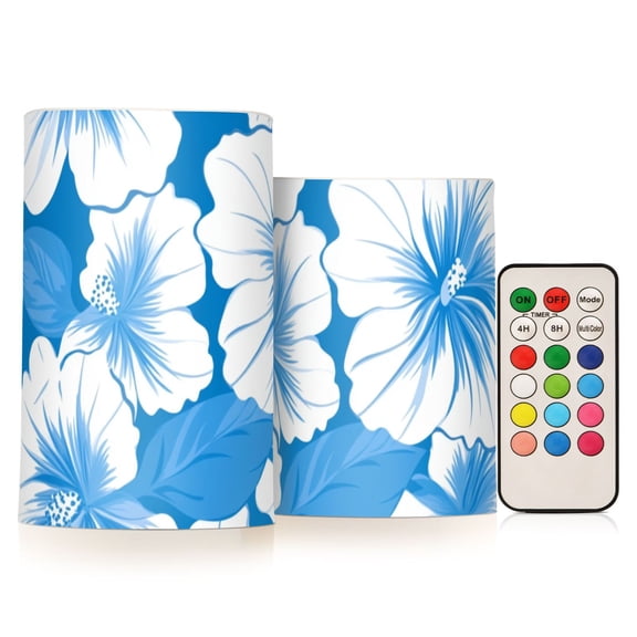 White Hibiscus Flowers Flickering Flameless Candles LED Tealight Battery Operated with Remote Set of 2 Holiday Decor Ornaments