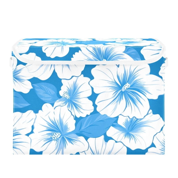 White Hibiscus Flowers Foldable Storage Bin with Lid and Handle Collapsible Storage Box 16.5 x 12.6 x 11.8 inches