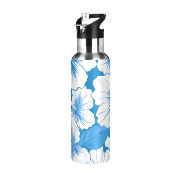 White Hibiscus Flowers Sports Bottle with Straw Stainless Steel Water Jug Portable Thermal Cup Leak-proof 1000ML