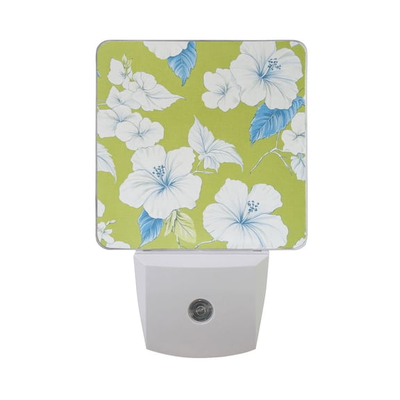 White Hibiscus Flowers and Leaves LED Night Light with Smart Sensor Plug Into Wall Dusk to Dawn 2 packs