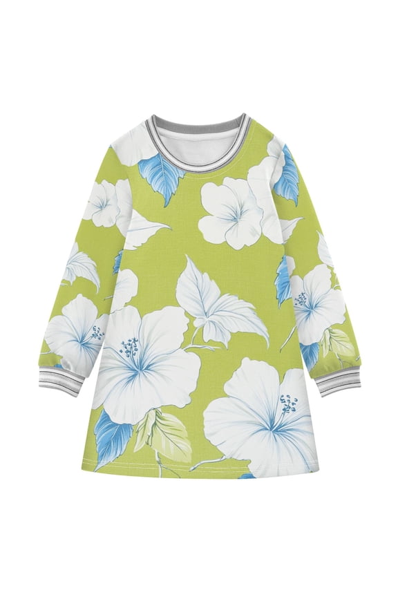 White Hibiscus Flowers and Leaves Long-sleeved Dress A-line One-Piece Dress for 2-8 Years Casual Party 3T