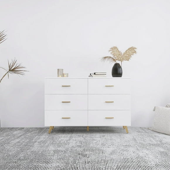 White High Gloss 6-Drawer Vanity with Golden Handles and Steel Legs for Bedroom Storage Furniture