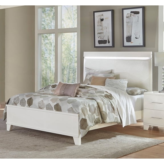 White High Gloss Finish Full Bed 1pc - Faux Leather Headboard & LED Lighted Design