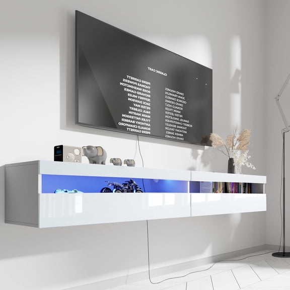 White High Gloss Floating TV Shelf with LED Lighting, 71 Wall Mounted