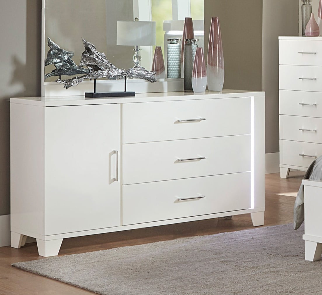 White High Gloss Modern Dresser with Drawers, LED Lights Bedroom