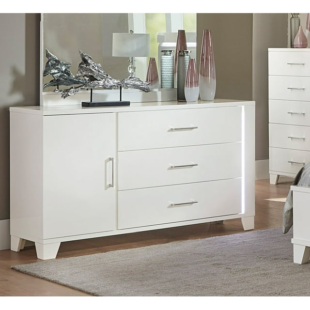 White High Gloss Modern Dresser with Drawers, LED Lights Bedroom