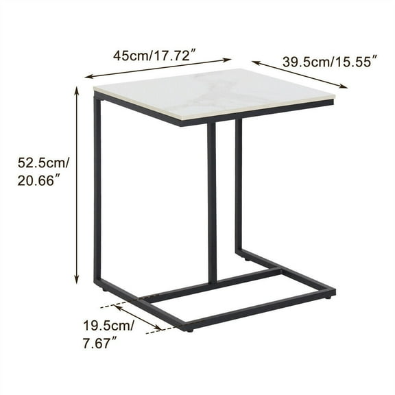 White High Gloss Sofa Side Table C Shaped Coffee End Table Marble Wide Tabletop
