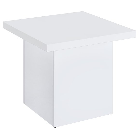White High Gloss Square End Table With Thick Top And Plinth Base - 23.5