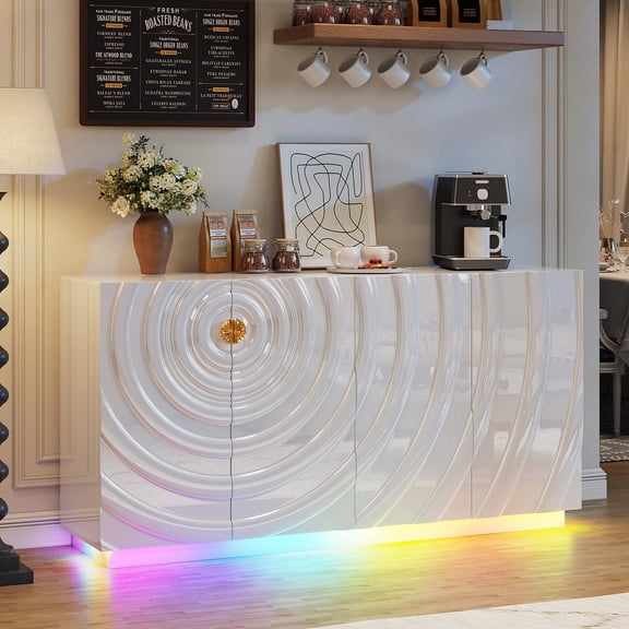 White High-Gloss Wave-Panel Sideboard with RGB Underlight & 4 Doors