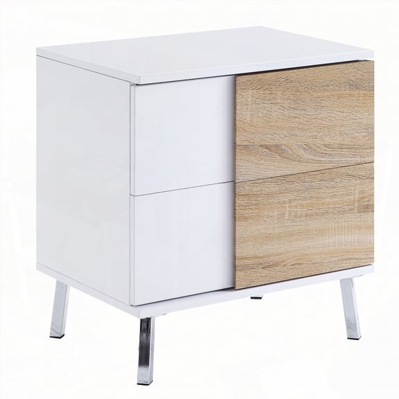 White High Gloss and Natural End Table with 2 Practical Drawers