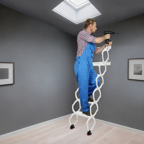 White High Manganese Steel Wall-Hung Staircase 40x195cm 6-Step Folding Telescopic Ladder Bears 440 Pounds